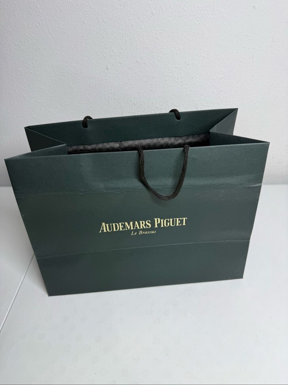 Audemars Piguet Paper Shopping Bag Dark Green Black Rope Handles 12” x 15”